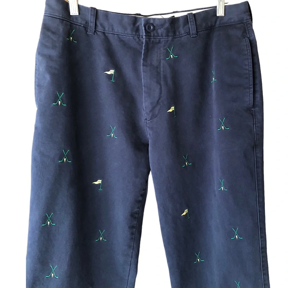 Vintage J. Crew Flat Front Broken In Chino. Navy w/ Golf Theme. Size 34W x 34L